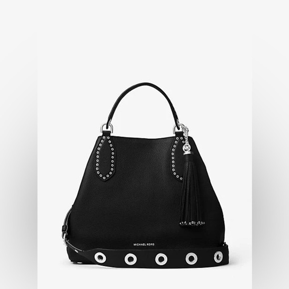 Black Michael Kors Brooklyn Shoulder Bag Purse Silver Grommets Removable Strap - Picture 4 of 13